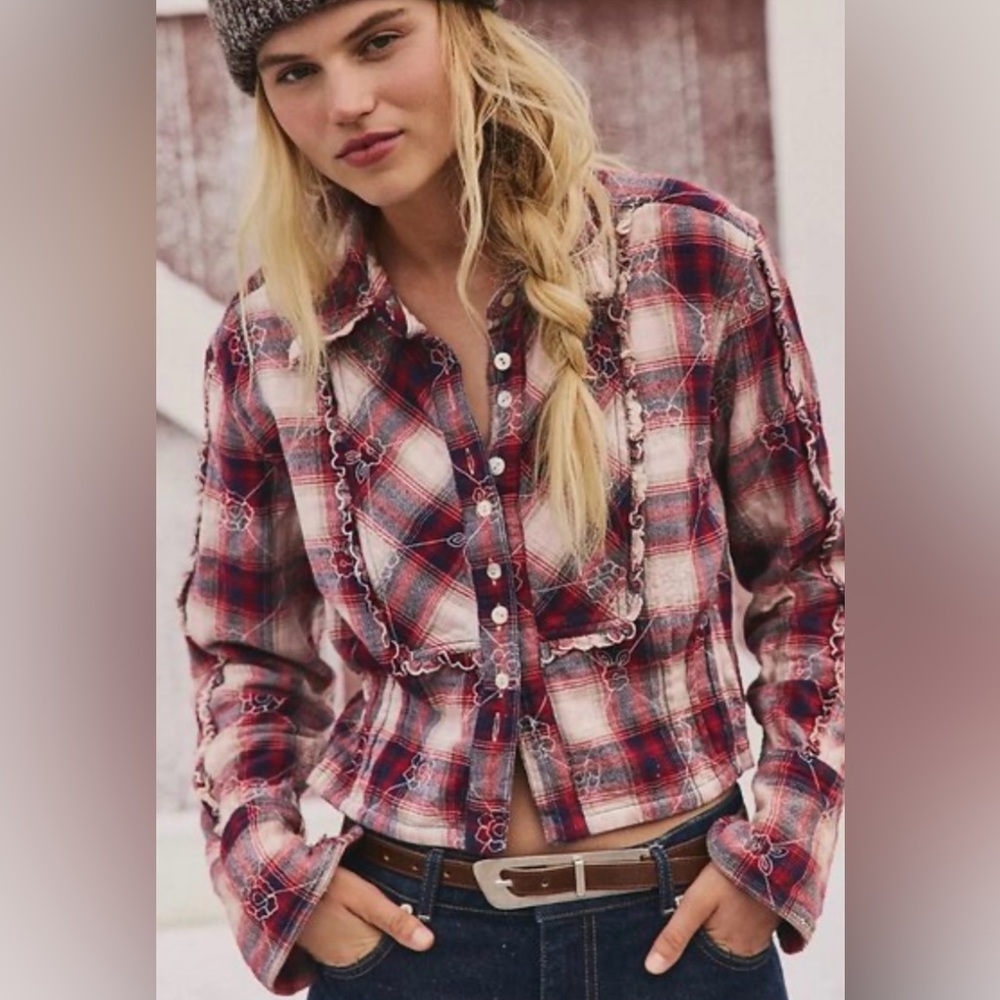 We The Free Georgia Plaid Embroidered Button Down